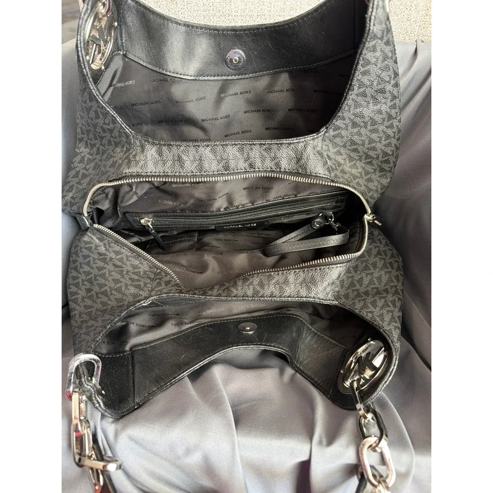 Michael Kors Fulton Hobo Bag Black Signature Logo Canvas Silver Chain Large